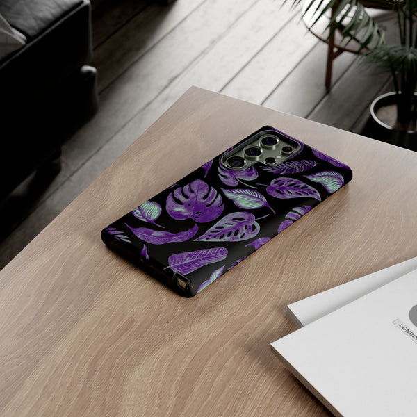 Purple & Mint Tropical Leaves on Black - Tough Case