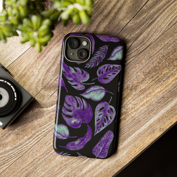 Purple & Mint Tropical Leaves on Black - Tough Case