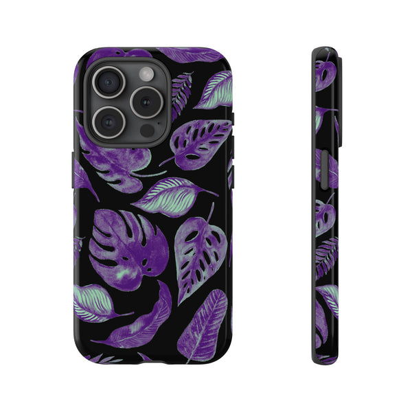 Purple & Mint Tropical Leaves on Black - Tough Case