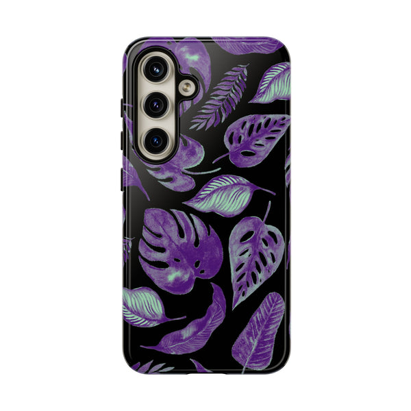 Purple & Mint Tropical Leaves on Black - Tough Case