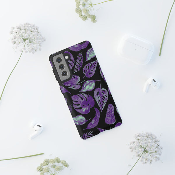 Purple & Mint Tropical Leaves on Black - Tough Case