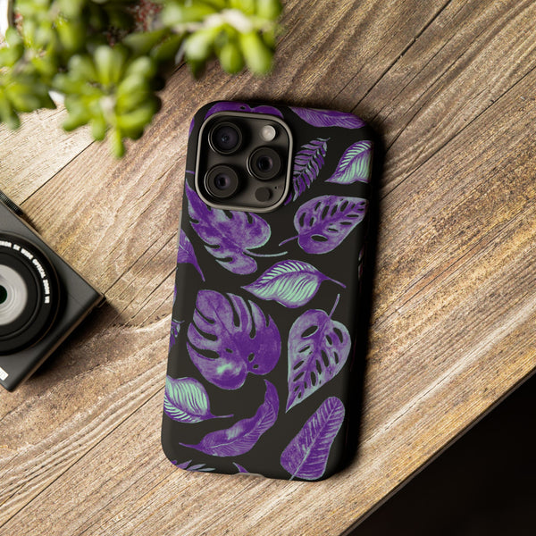 Purple & Mint Tropical Leaves on Black - Tough Case