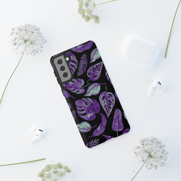 Purple & Mint Tropical Leaves on Black - Tough Case