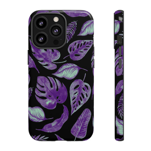 Purple & Mint Tropical Leaves on Black - Tough Case