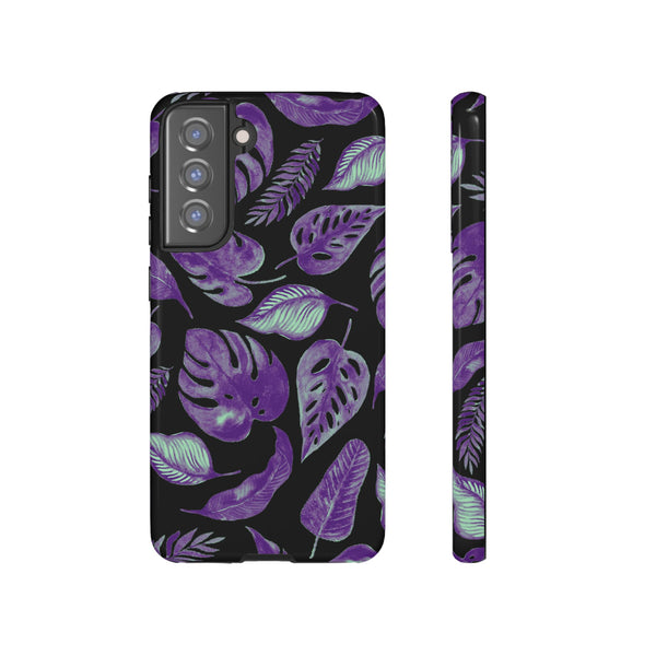 Purple & Mint Tropical Leaves on Black - Tough Case