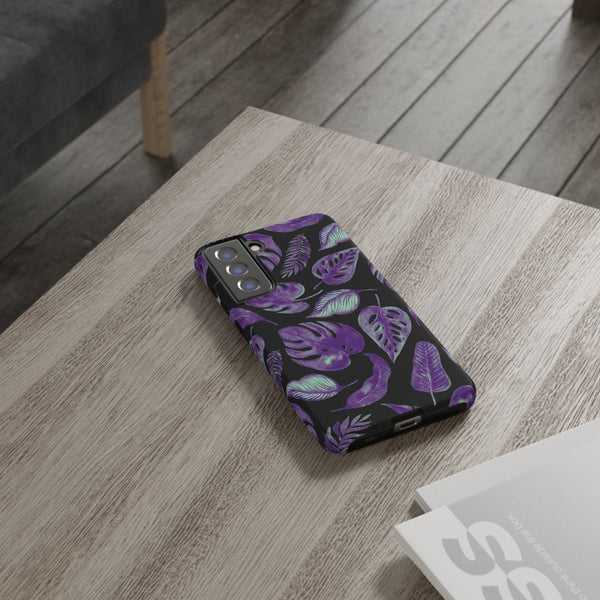 Purple & Mint Tropical Leaves on Black - Tough Case