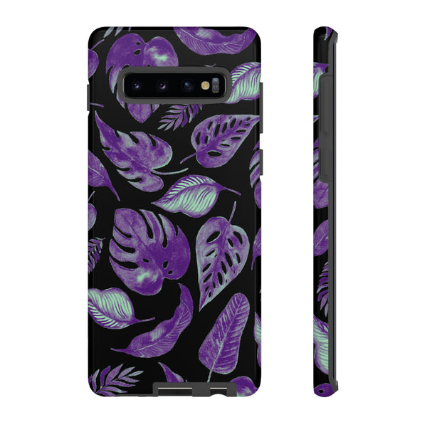 Purple & Mint Tropical Leaves on Black - Tough Case