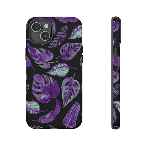 Purple & Mint Tropical Leaves on Black - Tough Case