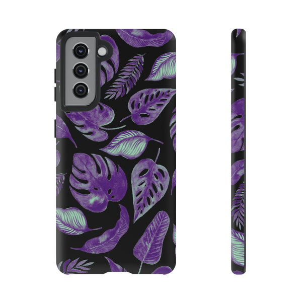 Purple & Mint Tropical Leaves on Black - Tough Case