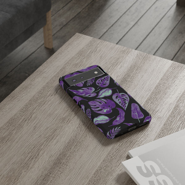 Purple & Mint Tropical Leaves on Black - Tough Case