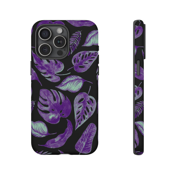 Purple & Mint Tropical Leaves on Black - Tough Case