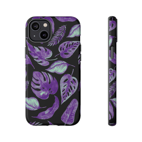 Purple & Mint Tropical Leaves on Black - Tough Case