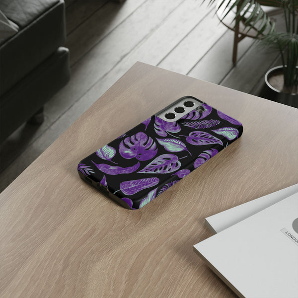 Purple & Mint Tropical Leaves on Black - Tough Case