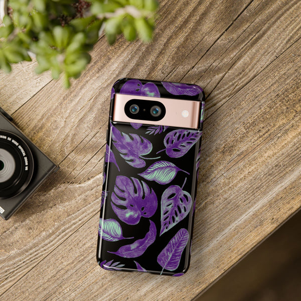 Purple & Mint Tropical Leaves on Black - Tough Case