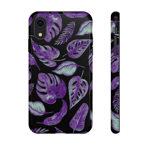 Purple & Mint Tropical Leaves on Black - Tough Case