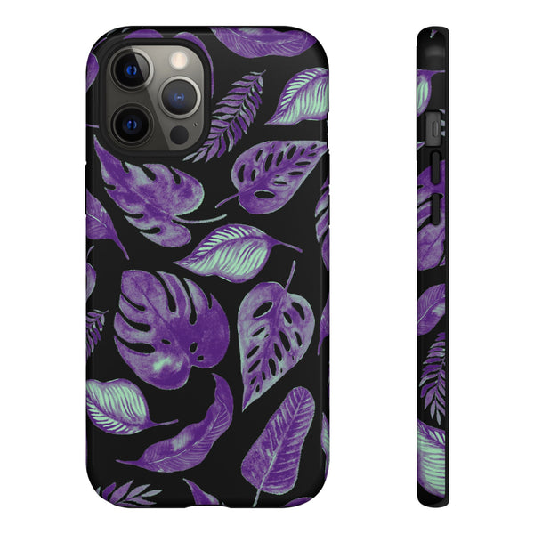 Purple & Mint Tropical Leaves on Black - Tough Case