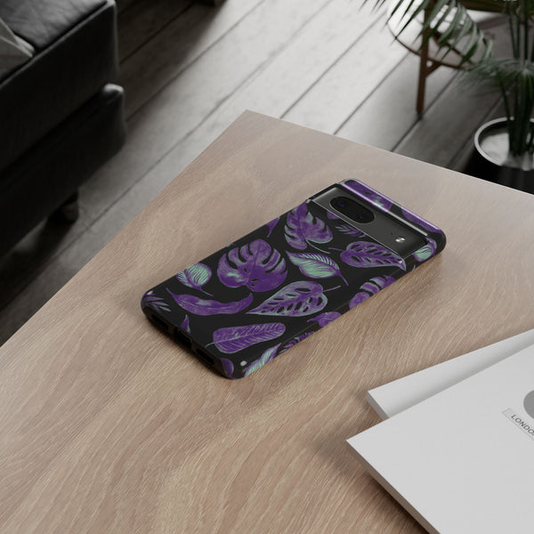 Purple & Mint Tropical Leaves on Black - Tough Case