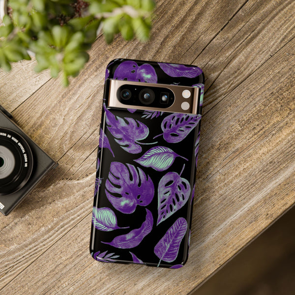 Purple & Mint Tropical Leaves on Black - Tough Case