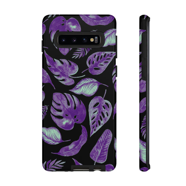 Purple & Mint Tropical Leaves on Black - Tough Case