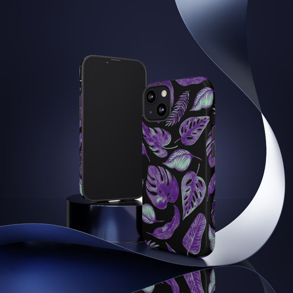 Purple & Mint Tropical Leaves on Black - Tough Case