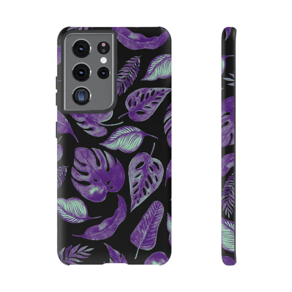 Purple & Mint Tropical Leaves on Black - Tough Case