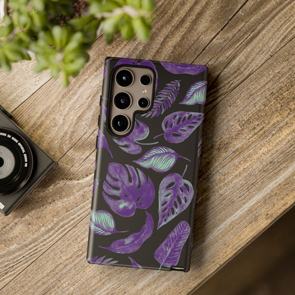 Purple & Mint Tropical Leaves on Black - Tough Case