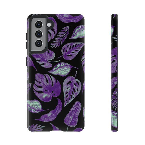 Purple & Mint Tropical Leaves on Black - Tough Case