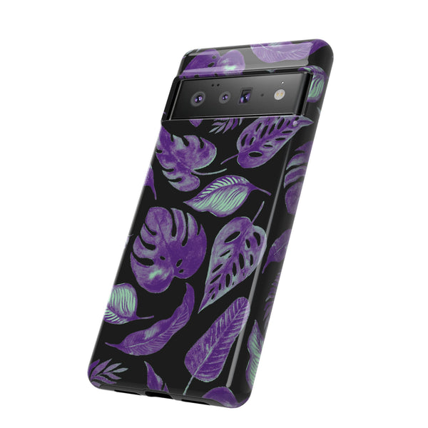 Purple & Mint Tropical Leaves on Black - Tough Case