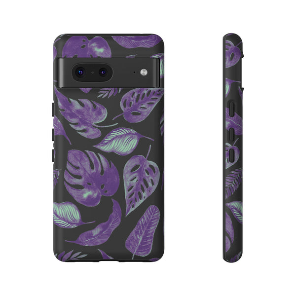 Purple & Mint Tropical Leaves on Black - Tough Case