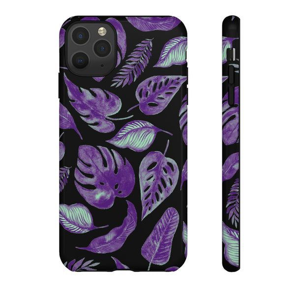 Purple & Mint Tropical Leaves on Black - Tough Case