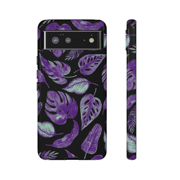 Purple & Mint Tropical Leaves on Black - Tough Case