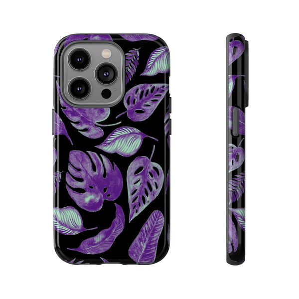 Purple & Mint Tropical Leaves on Black - Tough Case