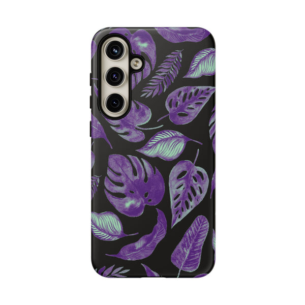 Purple & Mint Tropical Leaves on Black - Tough Case