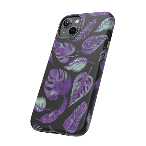 Purple & Mint Tropical Leaves on Black - Tough Case