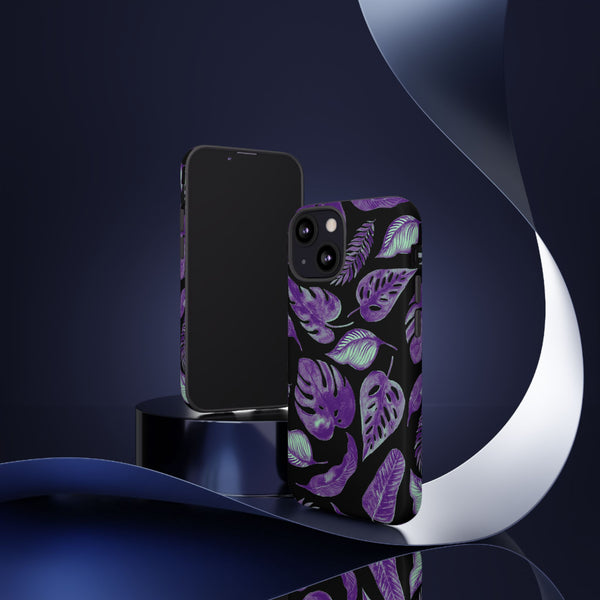 Purple & Mint Tropical Leaves on Black - Tough Case