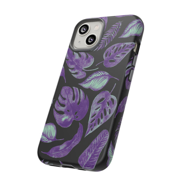 Purple & Mint Tropical Leaves on Black - Tough Case