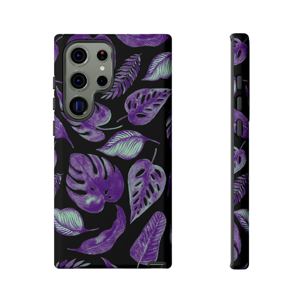 Purple & Mint Tropical Leaves on Black - Tough Case