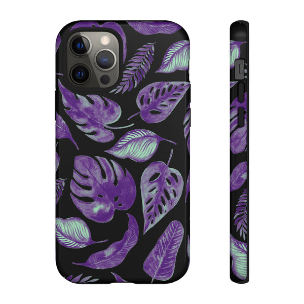 Purple & Mint Tropical Leaves on Black - Tough Case