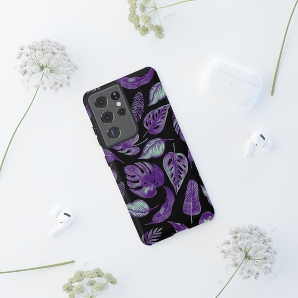 Purple & Mint Tropical Leaves on Black - Tough Case