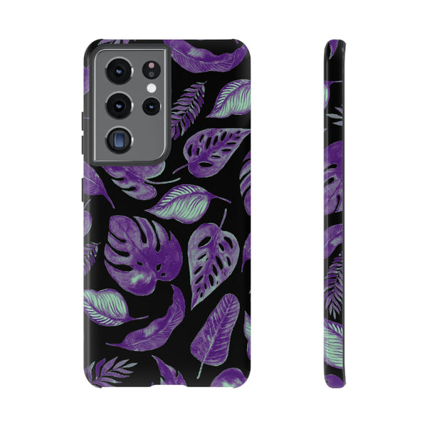 Purple & Mint Tropical Leaves on Black - Tough Case