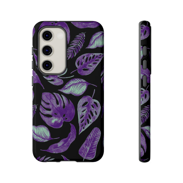 Purple & Mint Tropical Leaves on Black - Tough Case