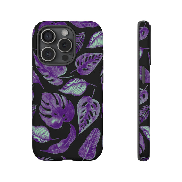 Purple & Mint Tropical Leaves on Black - Tough Case