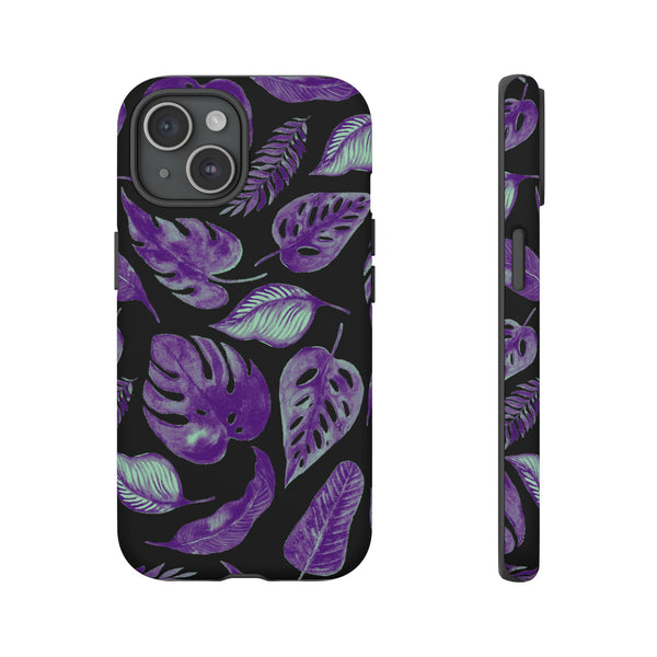 Purple & Mint Tropical Leaves on Black - Tough Case