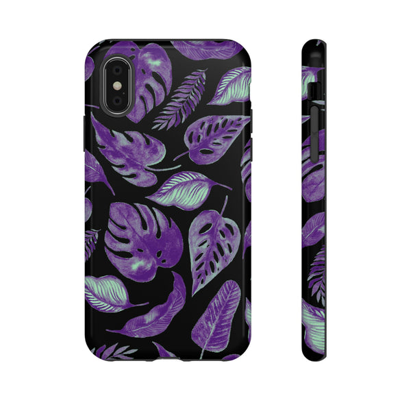 Purple & Mint Tropical Leaves on Black - Tough Case