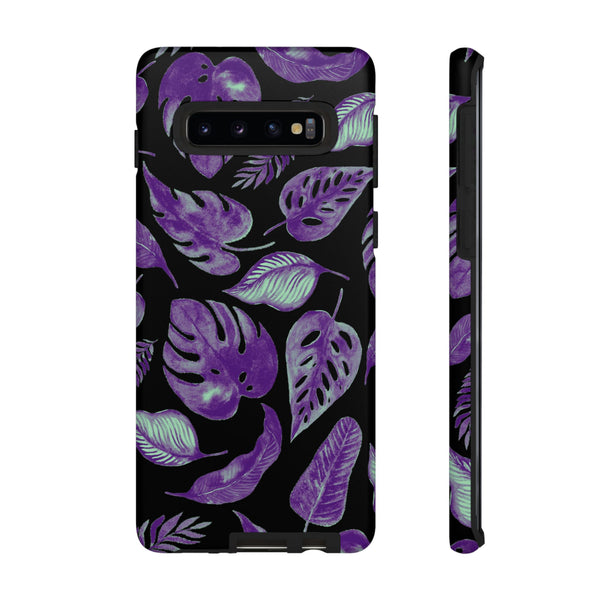 Purple & Mint Tropical Leaves on Black - Tough Case