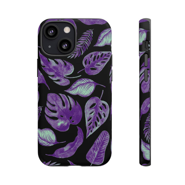 Purple & Mint Tropical Leaves on Black - Tough Case