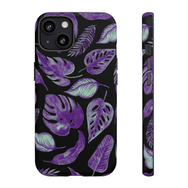 Purple & Mint Tropical Leaves on Black - Tough Case