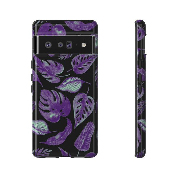 Purple & Mint Tropical Leaves on Black - Tough Case