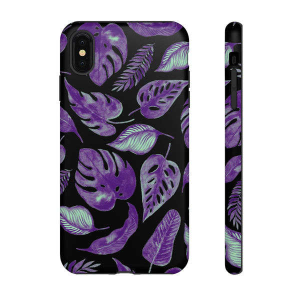 Purple & Mint Tropical Leaves on Black - Tough Case