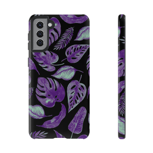 Purple & Mint Tropical Leaves on Black - Tough Case